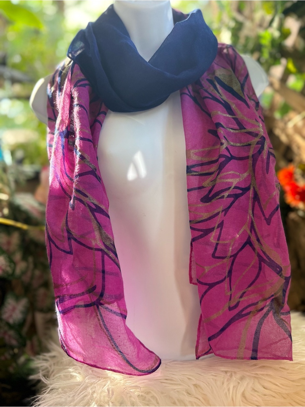 Charming Charlie Pink Floral Print Scarf with Navy Accent
